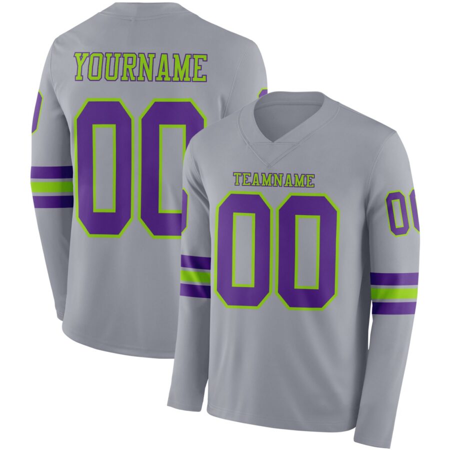Custom Gray Purple-Neon Green Long Sleeve Authentic Football Jersey