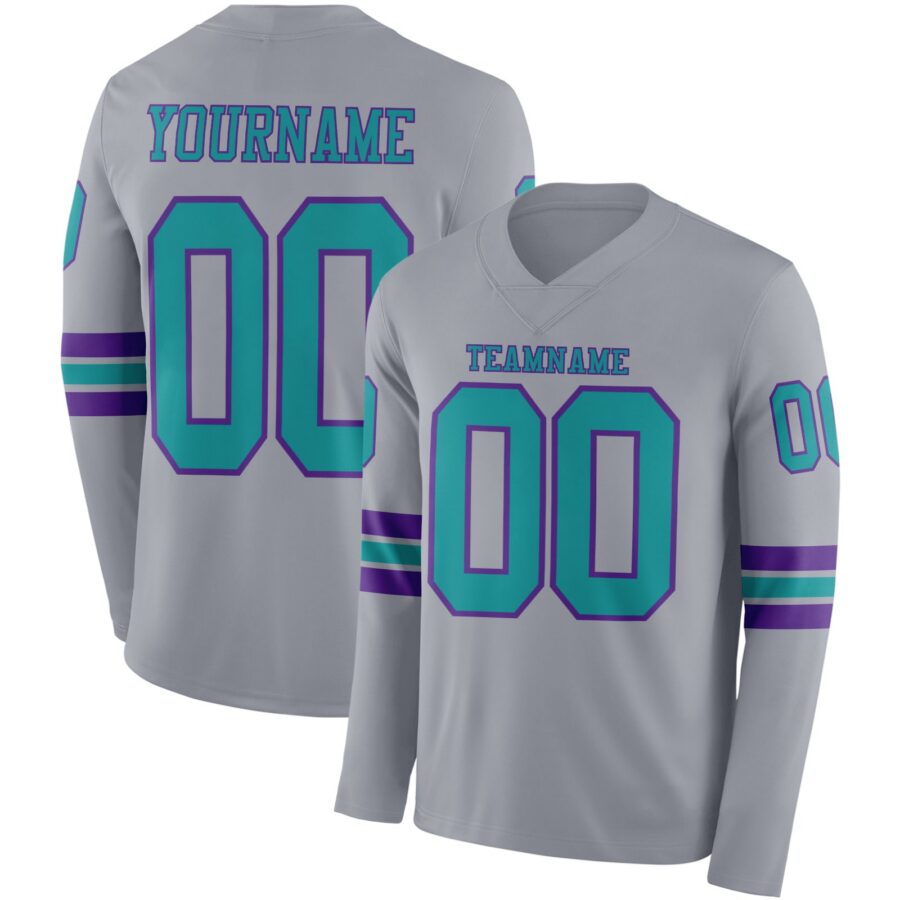 Custom Gray Teal-Purple Long Sleeve Authentic Football Jersey